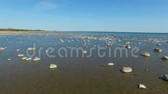 4K带着水中的石头和飞鸟飞越大海鸟瞰视频的预览图