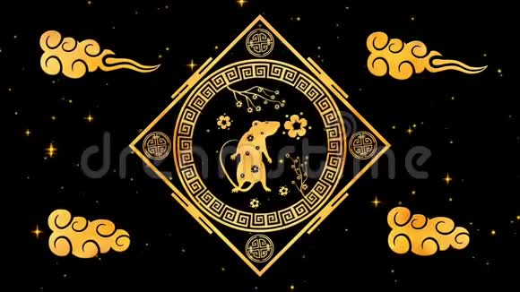 黄金中国新年背景与黄金和黑色老鼠3D渲染循环4k神奇的新年快乐动画视频的预览图