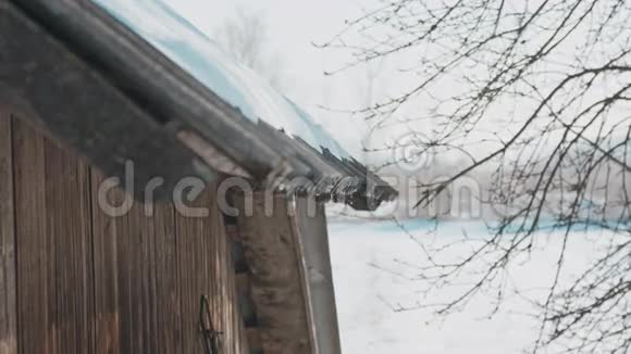 在一个阳光明媚的春天屋顶上的雪融化水滴从屋顶边缘落下视频的预览图