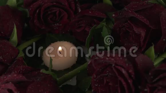 雨洒蜡烛红玫瑰悲伤死慢动作股票录像视频的预览图