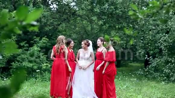 情绪化的新娘和伴娘谈笑风生慢动作视频的预览图