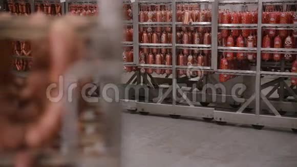 工厂冷藏室的香肠准备好了在一个大食品仓库遇到了一些人视频的预览图