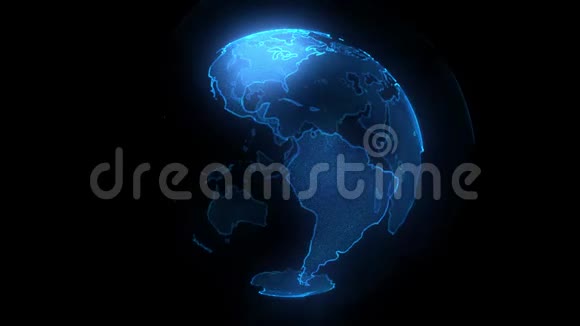 蓝色数字蓝色闪亮地球有光泽的行星与发光粒子的旋转空间3D动画视频的预览图