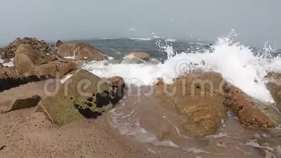 大西洋的景色葡萄牙瓦尔齐姆省波沃瓦的空海滩在雾蒙蒙的秋日海浪拍打着海岸视频的预览图