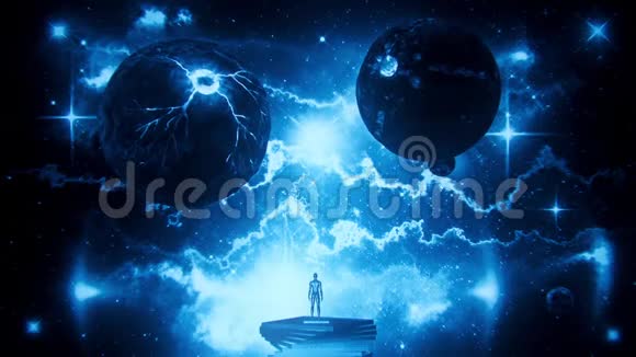 蓝色科幻空间行星与星云和恒星循环运动背景视频的预览图