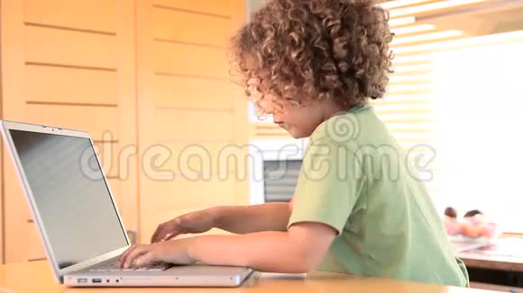 一个男孩在笔记本电脑上打字然后对着镜头挥手视频的预览图