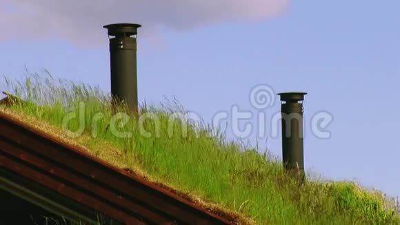 小房子顶上有两根黑色的水管从风中飘来的绿草视频的预览图