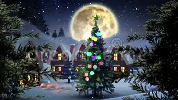 冬天有月亮的圣诞树视频的预览图