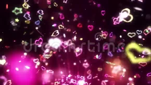 闪耀着明亮的心和星星爱和情人节的概念浪漫之夜彩虹蓝色背景循环动画视频的预览图