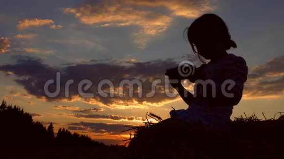 小女孩坐在干草堆上的麦田里一个玩平板电脑的孩子4K30fpsPros视频的预览图