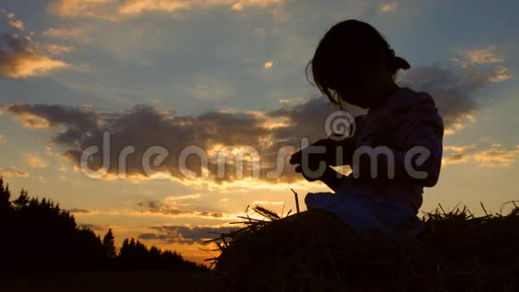 小女孩坐在干草堆上的麦田里一个玩平板电脑的孩子4K30fpsPros视频的预览图