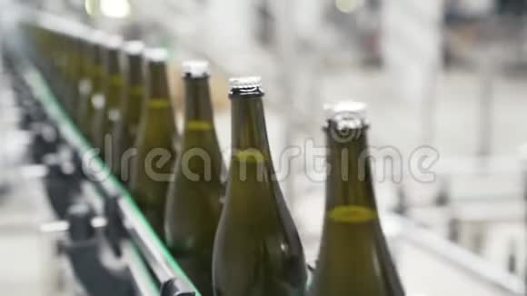 在香槟或葡萄酒工厂特写绿色瓶子沿着输送线移动视频的预览图