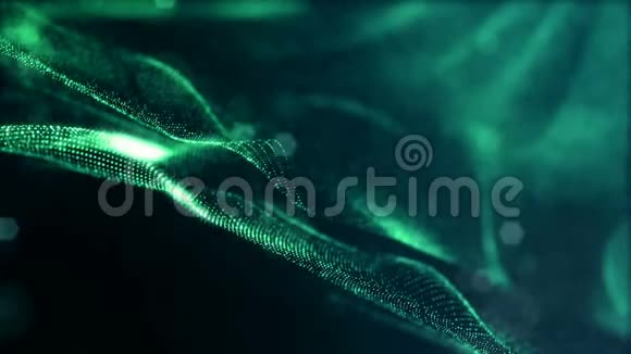 形成曲线表面复杂结构时变波的发光粒子的Scifi绿色背景视频的预览图