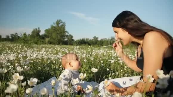 年轻快乐的母亲喂养她的孩子坐在公园的花田中间视频的预览图