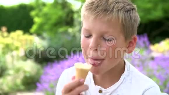男孩吃冰淇淋户外活动的时间推移顺序视频的预览图