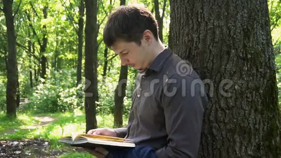 一个年轻的商人在树林里的一棵树旁看书视频的预览图