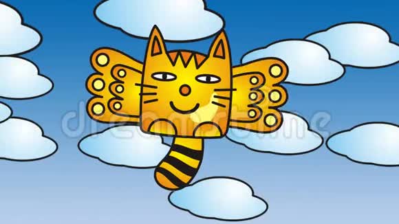 有翅膀的猫在云和蓝天之间飘扬视频的预览图