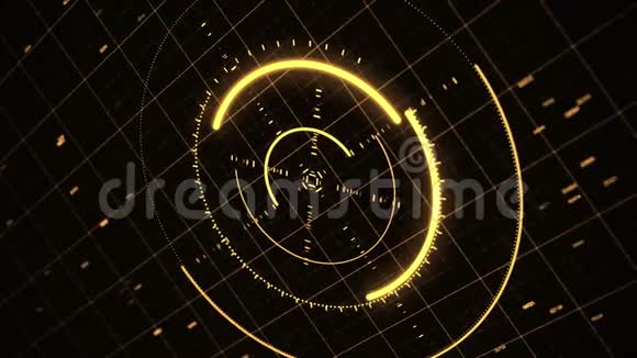 数字生成的黄光目标系统动画和运行在黑色背景上的程序代码视频的预览图