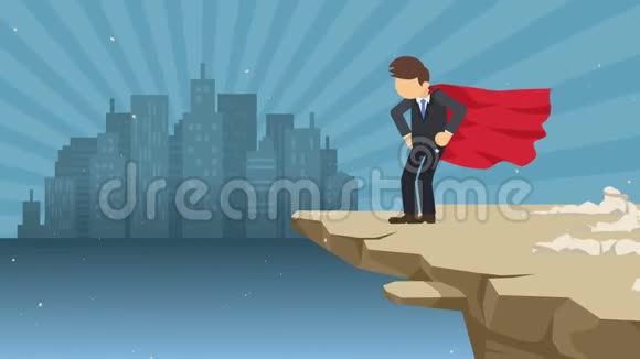 超级英雄商人站在悬崖上准备迎接挑战商业象征挑战和成功的概念漫画循环动画视频的预览图