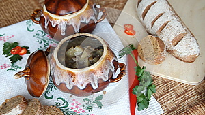 俄罗斯餐桌上放了一壶食物用欧芹装饰的汤视频的预览图