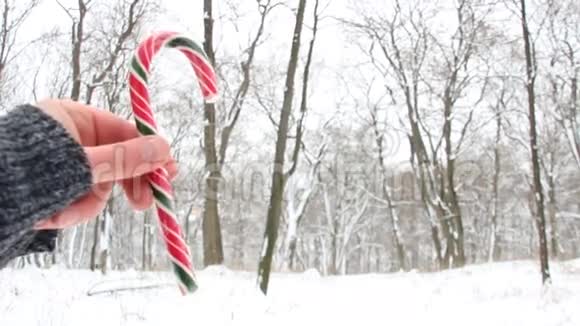 手里拿着糖果拐杖圣诞风景视频的预览图