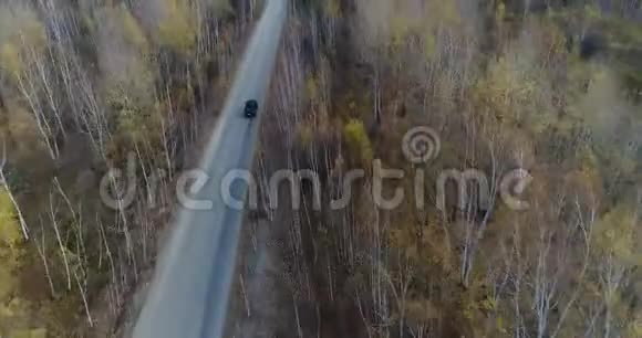 秋路车的天景秋天森林中乡间小路的鸟瞰图森林和公路视频的预览图
