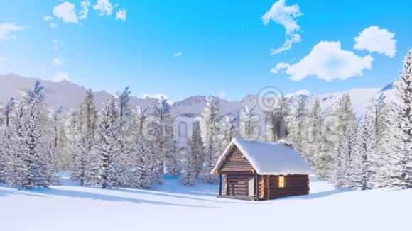 雪冬天的山屋和冷杉林视频的预览图