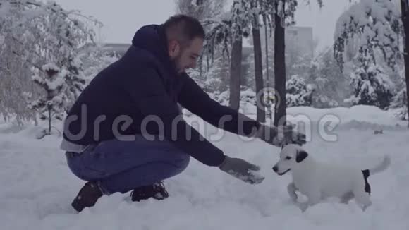 男子玩杰克罗塞尔猎犬在雪小狗快乐快乐视频的预览图