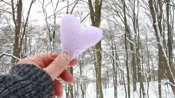 冬天或爱情的想法手捧一颗心在冬林的背景上视频的预览图
