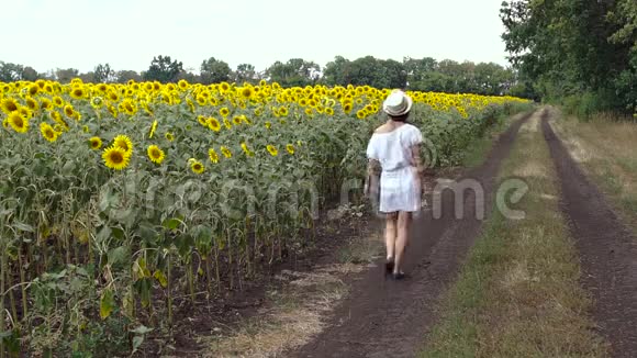 女人跑过马路靠近一片向日葵视频的预览图