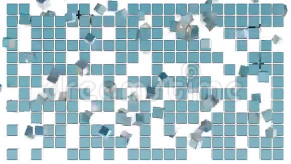 在许多金色和蓝色立方体的网格中的混乱这些立方体散射并消失视频的预览图