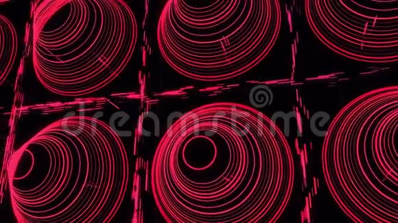 彩色窄圆的抽象圆锥形轮廓在黑色背景上排列成许多直线视频的预览图