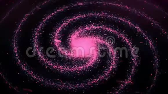 抽象的粉红色小粒子在黑色背景下围绕发光中心呈螺旋状飞行无缝环视频的预览图
