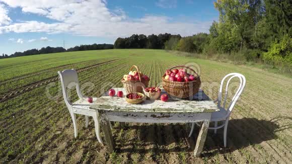 农业收获概念苹果篮子放在旧的白色桌子上放在秋天的农场和云彩上延时4K视频的预览图