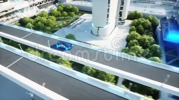黑色未来派电动汽车在科幻都市里开得很快未来的概念逼真的4k动画视频的预览图