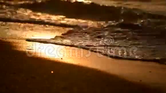 日落时海滩上的海浪黎明时的特写低角度视频的预览图
