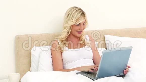 年轻的金发女郎用笔记本电脑视频的预览图