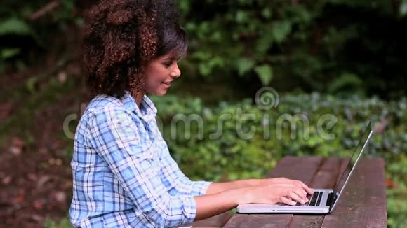 漂亮的深色头发的女人坐在野餐桌上用笔记本电脑视频的预览图