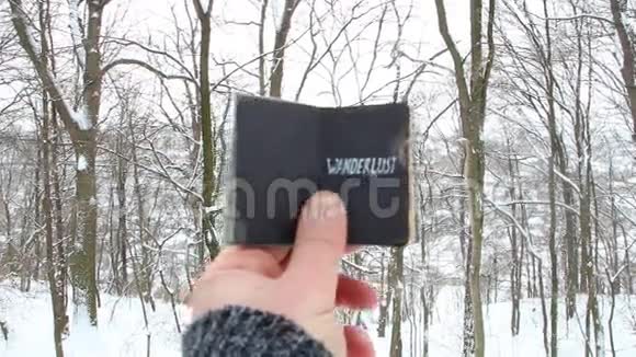 手拿着一本书上面写着冬日森林背景下的流浪视频的预览图