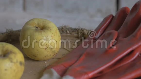 男农民下班后摘下手套放在谷仓的一张木桌上桌上的苹果4K视频的预览图