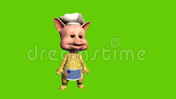 邀请顾客到餐厅或咖啡厅的小猪厨师的3D动画卡通视频的预览图