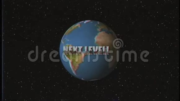时尚复古VHS风格下一级文字飞进飞出在星空和地球地球动画背景新的独特视频的预览图