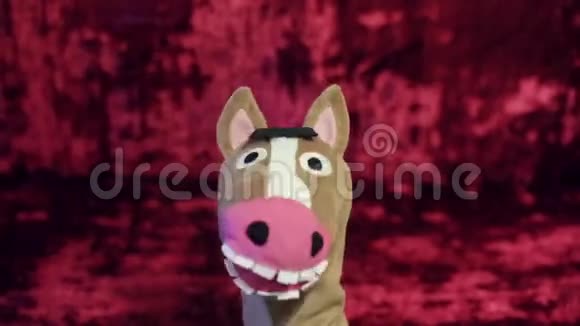 疯狂的毛绒马头由手管理滑稽的滑稽动作脸红色背景视频的预览图