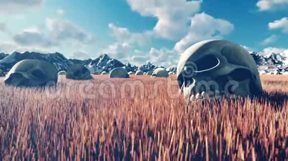 神秘的风景不寻常的草地面上的老头骨蓝天与云朝阳与山脉在远处视频的预览图