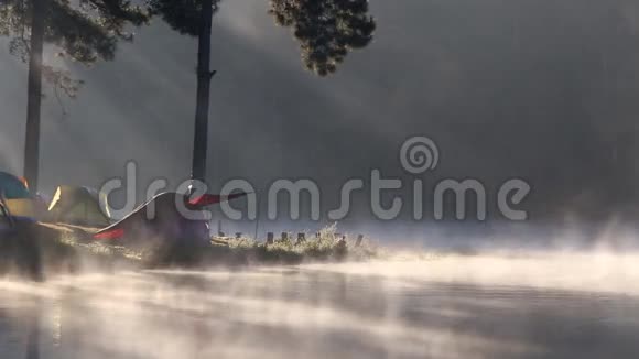 雾在森林露营的早晨湖上视频的预览图