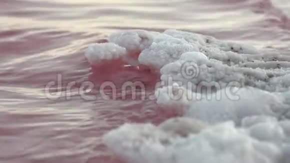 白盐沉积和粉红色湖水视频的预览图