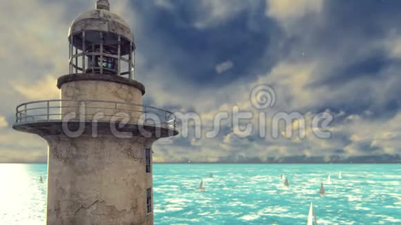 日出时海岸上的一座古老的灯塔背景是帆船真实的电影动画视频的预览图