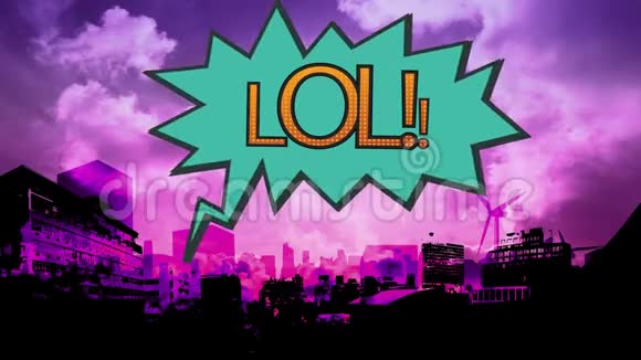 城市风景背景下惊叹号泡沫中的词LOL视频的预览图