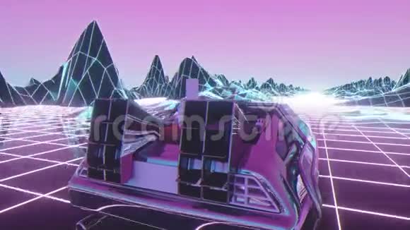 复古未来80年代风格的科幻背景未来派的车无缝环形三维视频动画视频的预览图