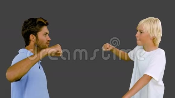 父亲和儿子在灰色的背景下一起挥拳视频的预览图